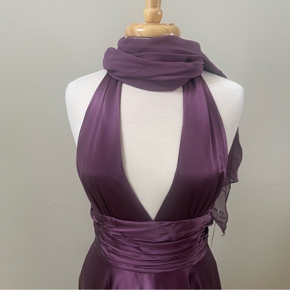 Rich Purple Silk PLUNGE Halter Dress Prom / Wedding Reception NWT 28 Waist - Picture 3 of 9